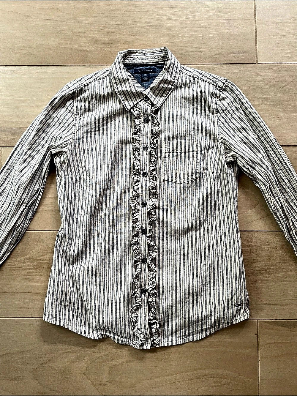 Tommy Hilfiger Striped Button Down Shirt in White & Blue with Ruffle